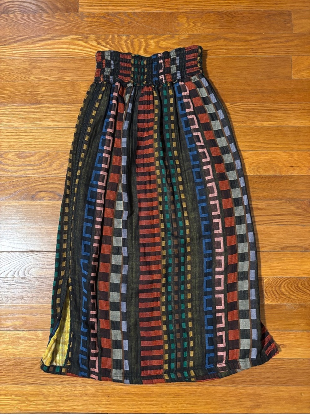 Multistripe Smocked Waist Midi Skirt in Black, Red, Blue, Green, Brown